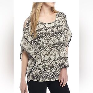 Kim Rogers Women’s Tan Black Print Scoop Neck Lined Poncho Popover Blouse 1X